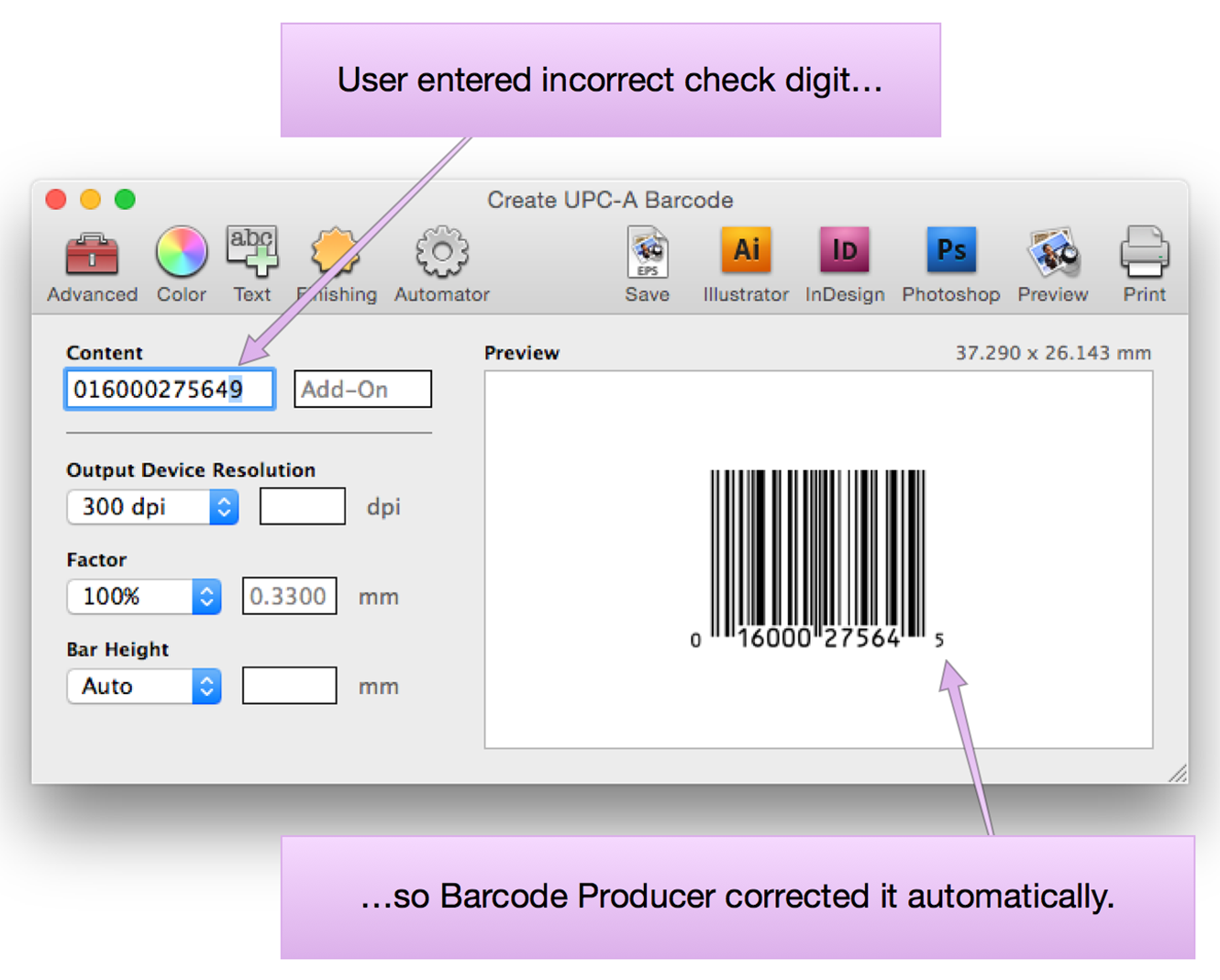 Create UPC-A Barcode screen in Barcode Producer. The user has entered the incorrect check digit, so Barcode Producer automatically corrected it.