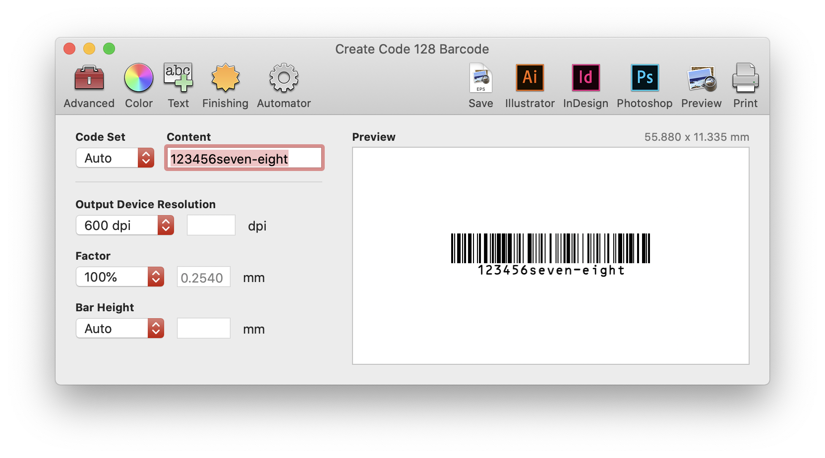 Create Code 128 Barcode screen in Barcode Producer